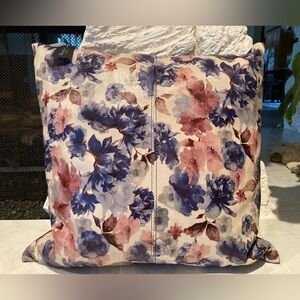 Garuglieri Firenze blue & pink flowers throw leather pillow, handmade in Italy.
